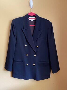 Jones New York 100% Pure Wool Double-breasted Navy Blue Skirt Suit